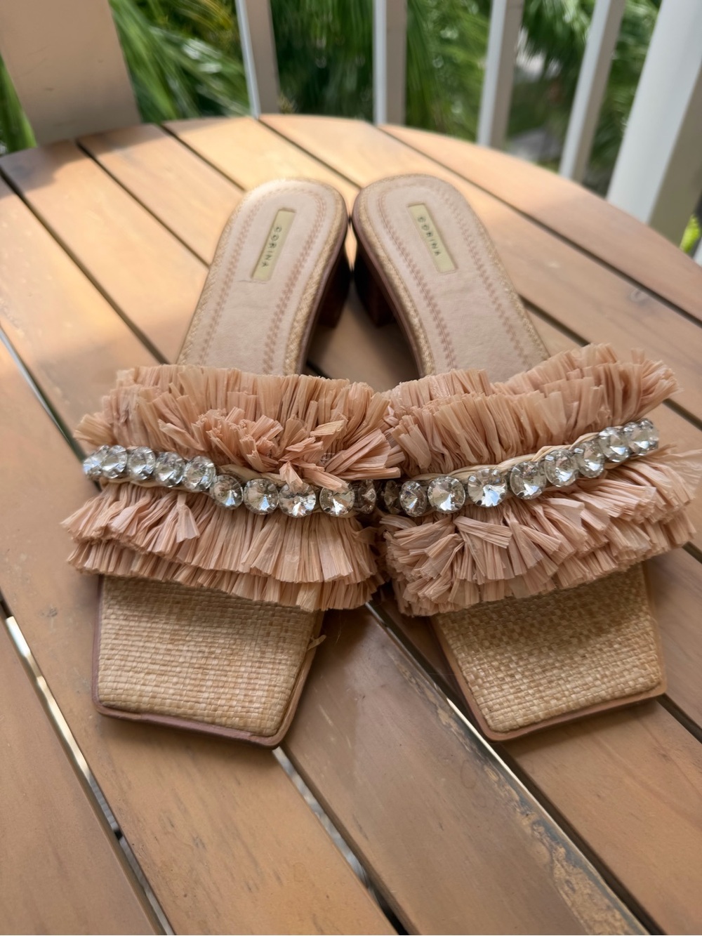 Embellished Beige Raffia Slide Sandals size 40